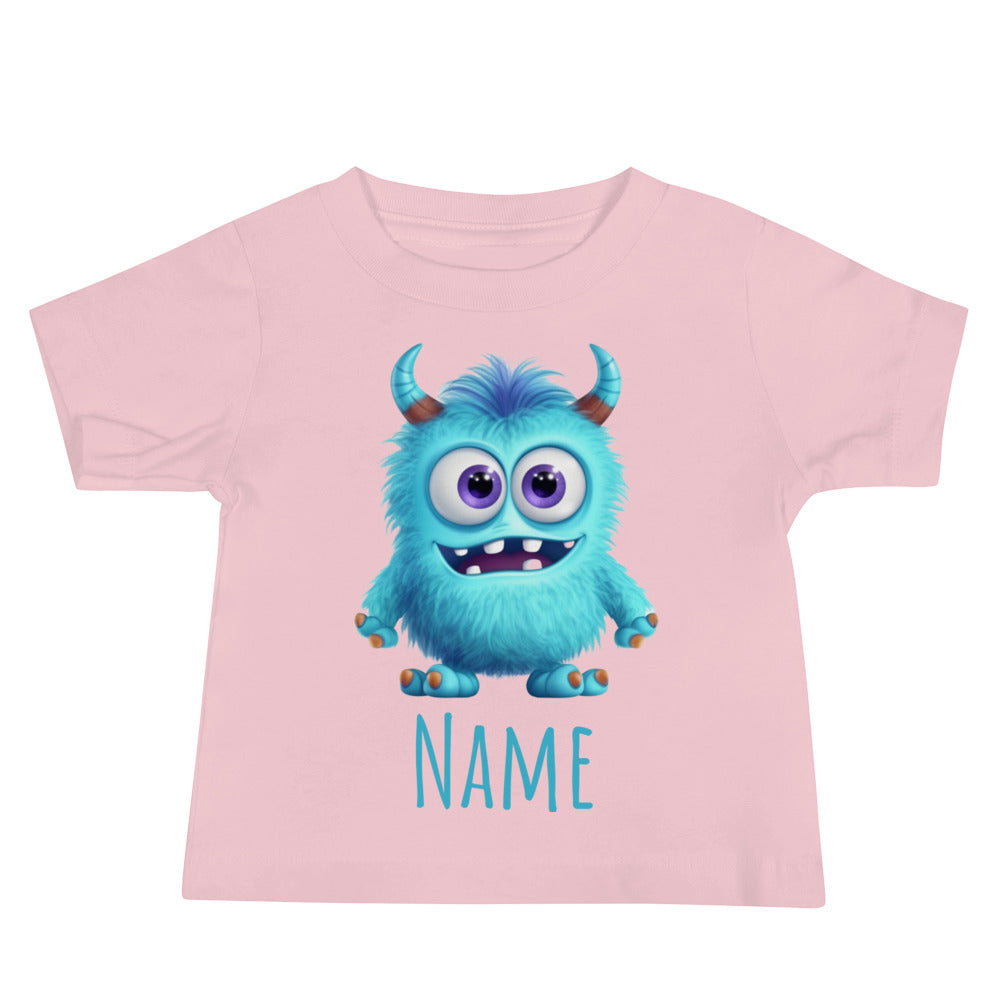 Kids Pink Personalised T-Shirt - Little Blue Monster, front view