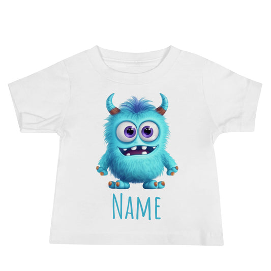 Kids White Personalised T-Shirt - Little Blue Monster, front view