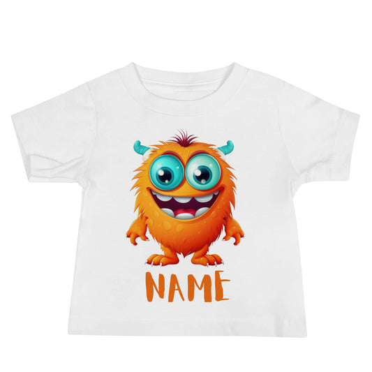 Kids White Personalised T-Shirt - Little Orange Monster, Front View Graphic Design