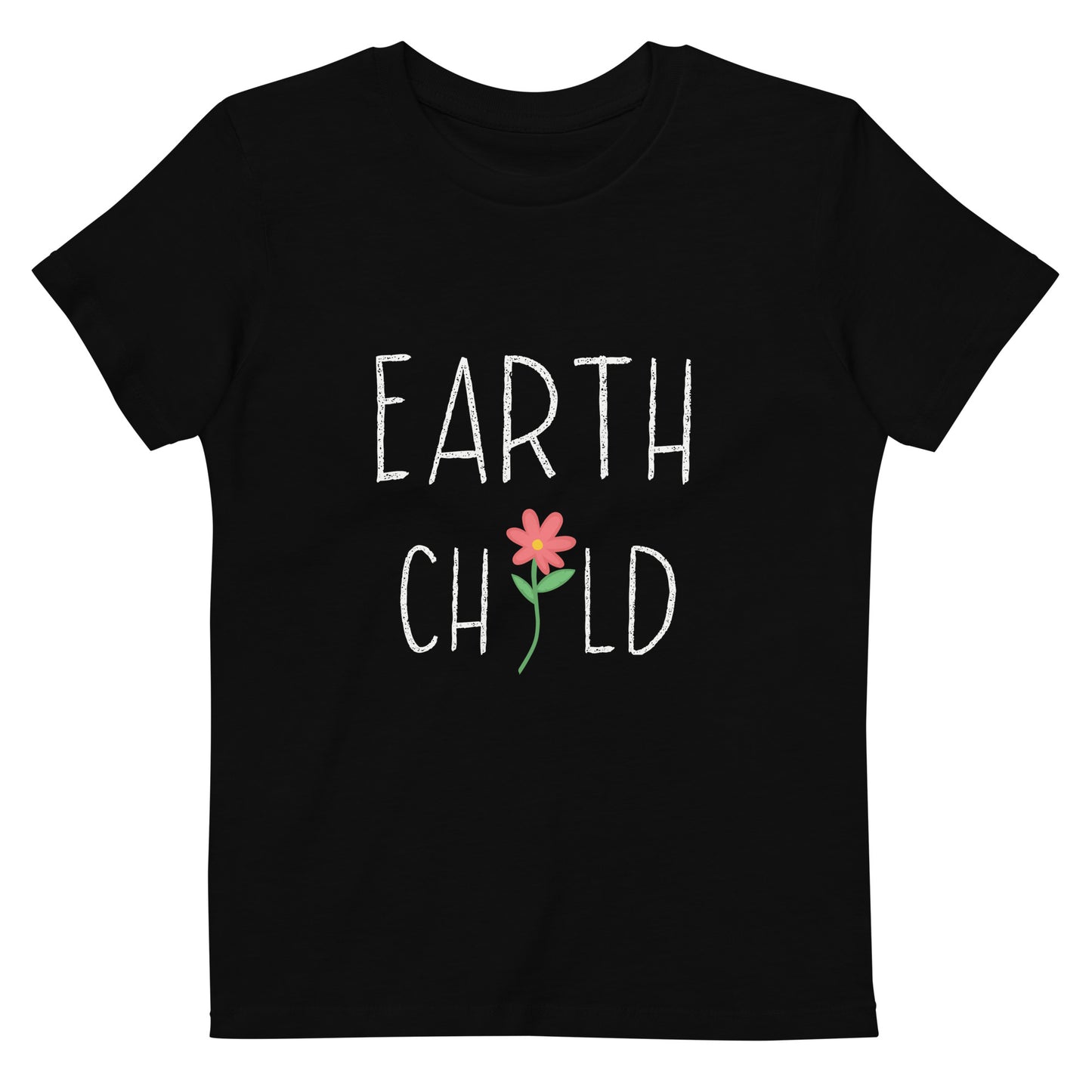 Kids Black Organic T-Shirt - Earth Child, Front View Graphic with flower