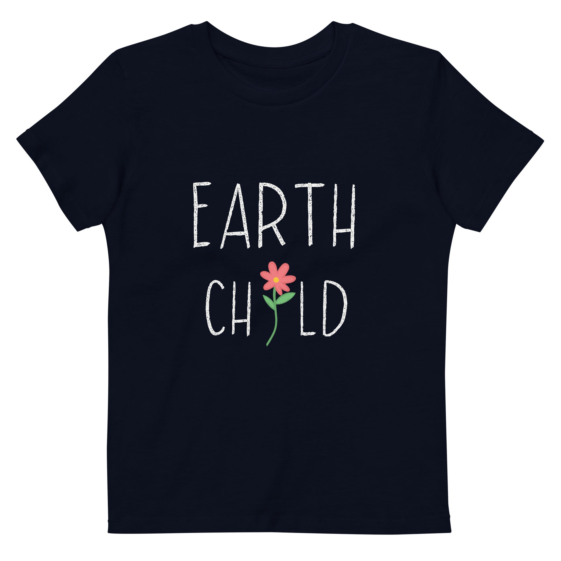 Kids Navy Organic T-Shirt - Earth Child, Front View Graphic with flower