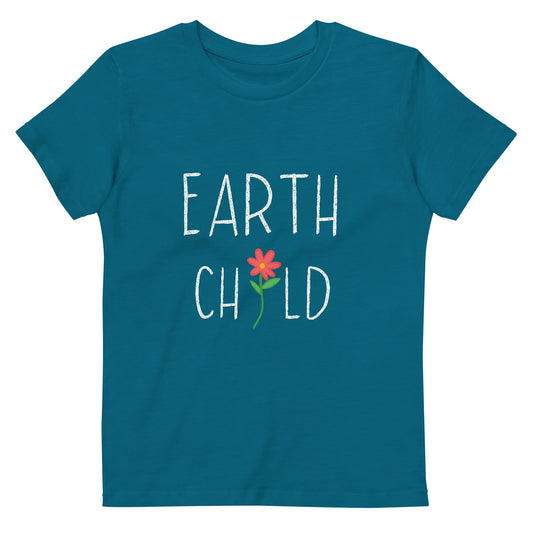 Kids Blue Organic T-Shirt - Earth Child, Front View Graphic with flower