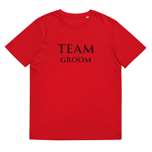 Mens Red Organic t-shirt -  Team Groom Graphic Front View