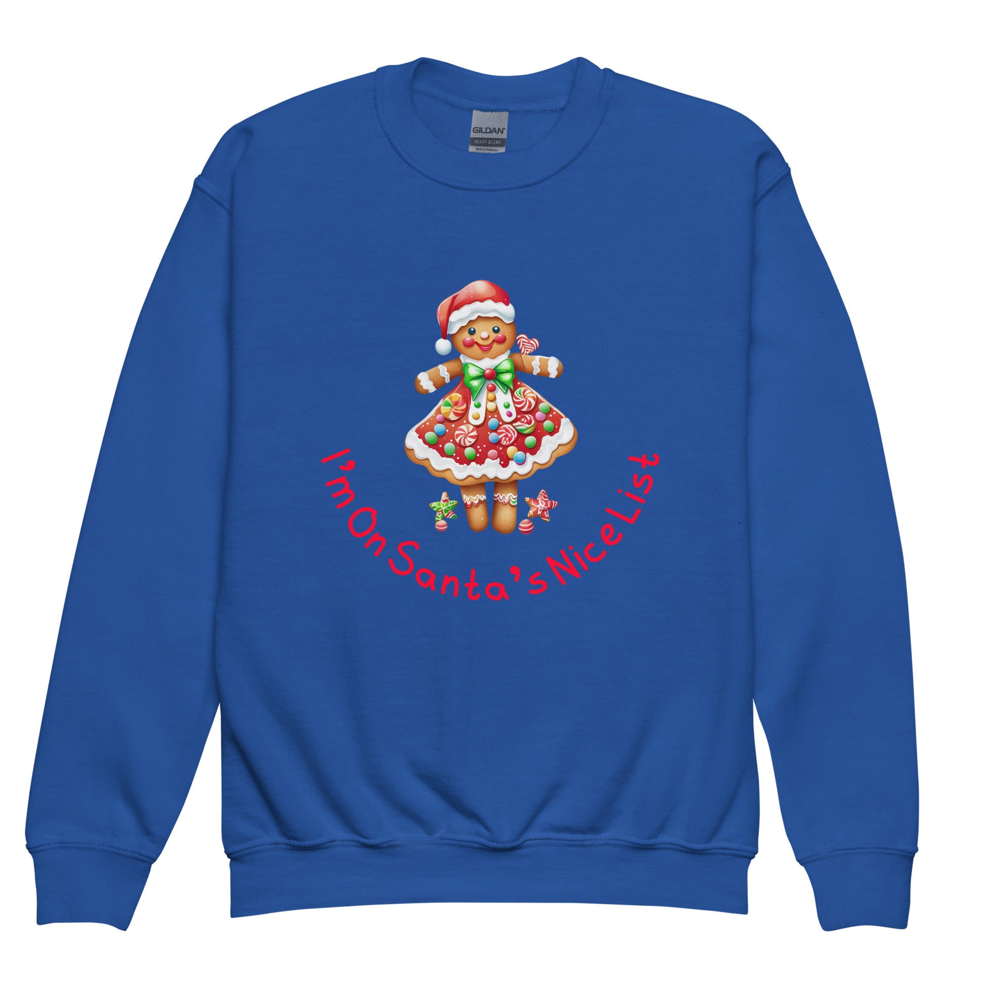Kids Blue Sweatshirt - Santas Nice List Graphic With Gingerbread Mrs Christmas