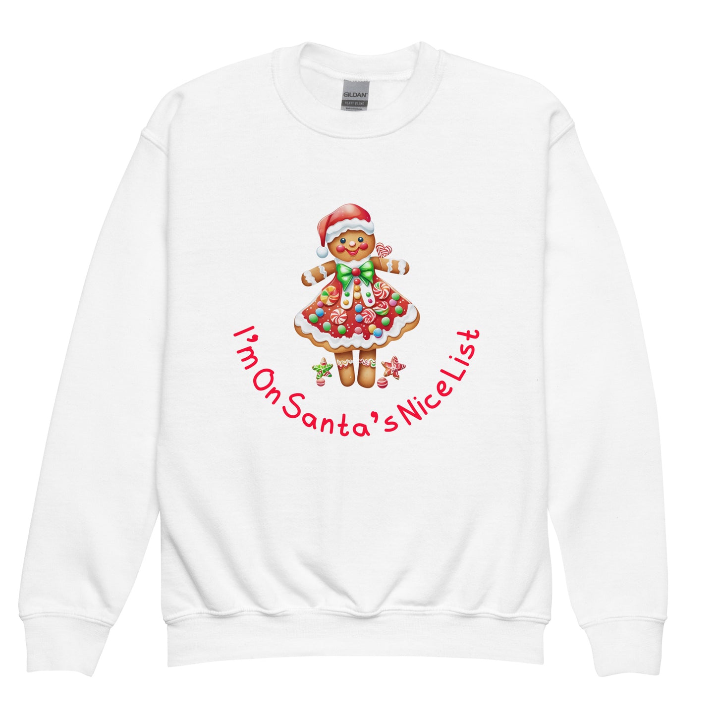 Kids White Sweatshirt - Santas Nice List Graphic With Gingerbread Mrs Christmas