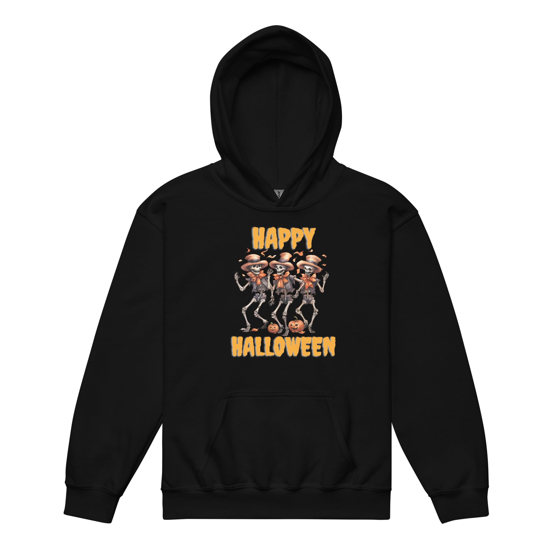 Kids Black Hoodie - Happy Halloween Skeleton Graphic, Front View