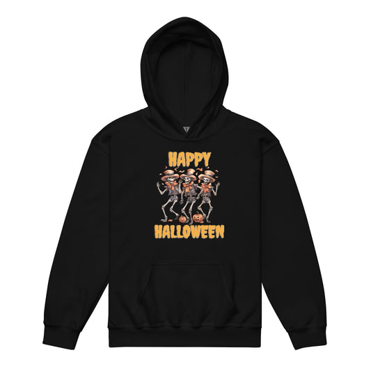 Kids Black Hoodie - Happy Halloween Skeleton Graphic, Front View