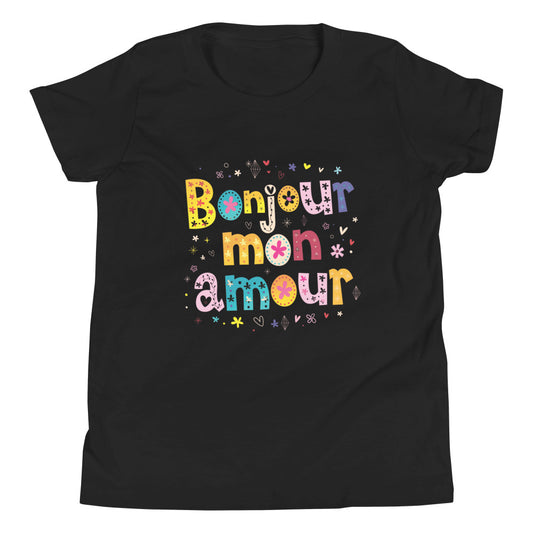 Kids Black T-Shirt - Bonjour Mon Amour Graphic Design, Front View